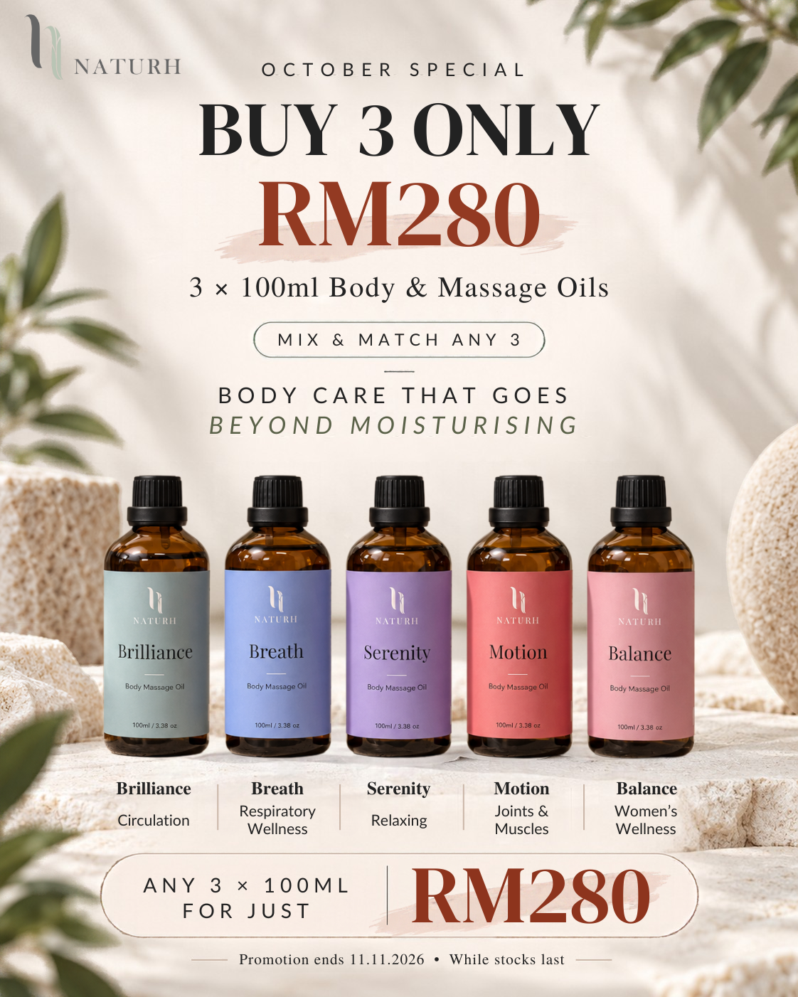 Body &amp; Massage Oil — Any 3 RM280